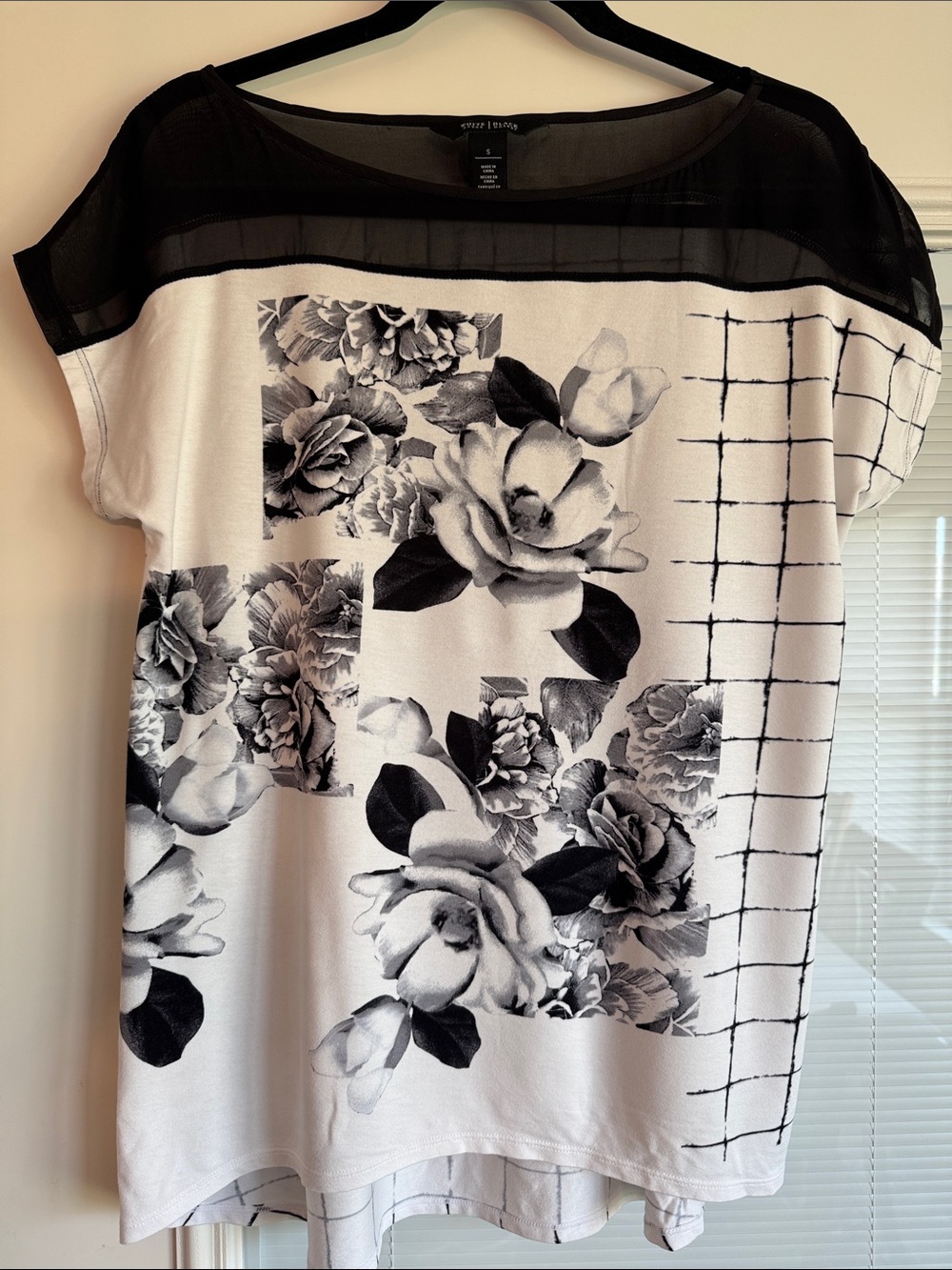 White House Black Market Black and White Floral Grid Tunic with Mesh Yoke
